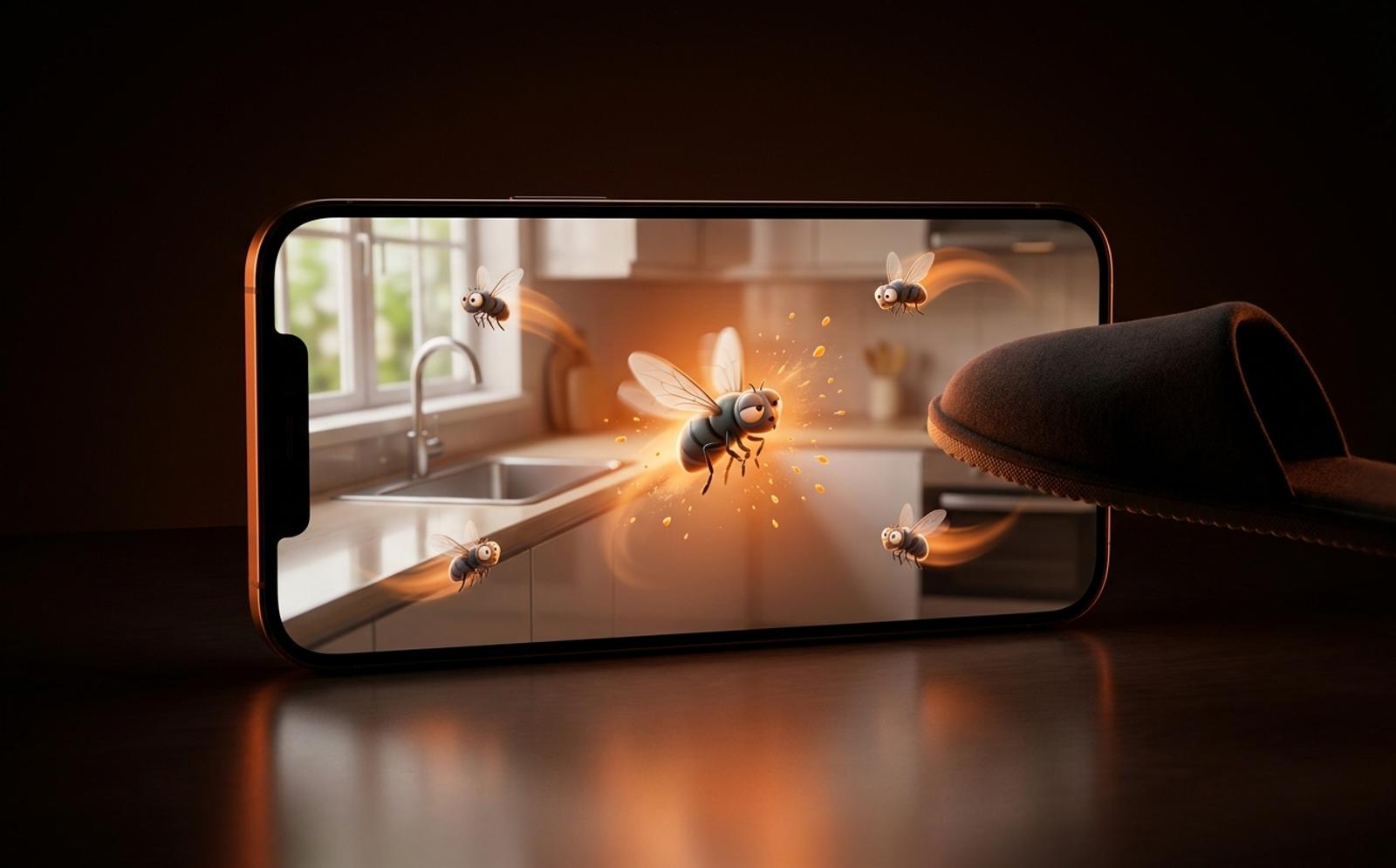 FlySmack AR: vliegen in een keuken en een pantoffel in volle vaart